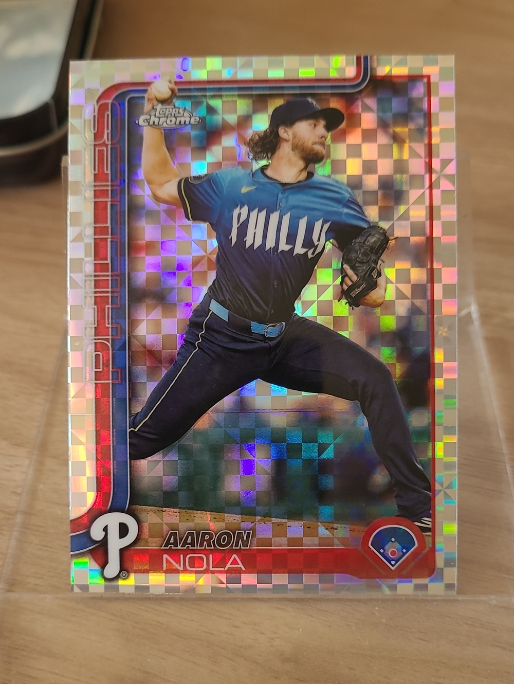Aaron Nola Phillies Holographic Baseball Card - Topps Chrome X Fractor 2025